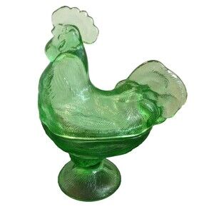 Unmarked green glass chicken hen rooster candy dish bowl 2 piece‎ farm decor